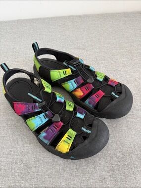 Keen Men's Black Sandals with Rainbow Tie-Dye Straps